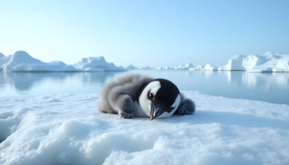 Obraz premium Overhead view of penguin chick resting on ice patch in serene landscape