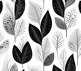 Vector pattern of intertwined leaves in black and white, creating an elegant and modern design for wallpaper or fabric printing.
