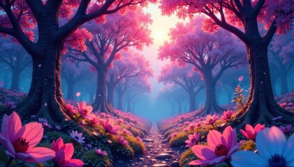 Holographic forest with iridescent trees and flowers , dreamlike, flowers