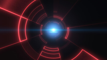 Red and blue light tunnel with glowing concentric lines and bright central light, offering a dynamic, futuristic aesthetic with a cyberpunk feel background