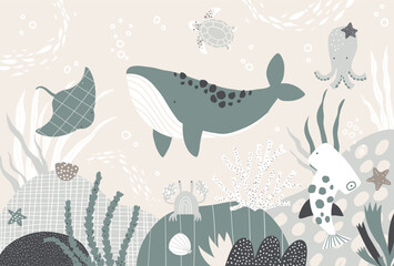 Vector illustration underwater world with cute whale, stingray, shark, turtle, octopus, crab. Algae and coral. Children's sea wallpaper. Animals. Kids room design, wall decor. Mural. Wall art.