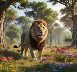 Roaring lion in the midst of a savanna landscape with tall trees and colorful flowers, natural scenery, majestic animal, savanna trees