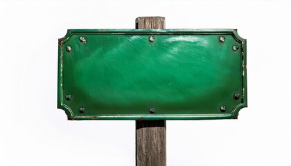 blank rustic green metal sign mounted on a pole against white background