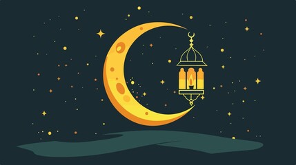 Elegant Arabic Lamp and Half Moon Flat Vector Illustration