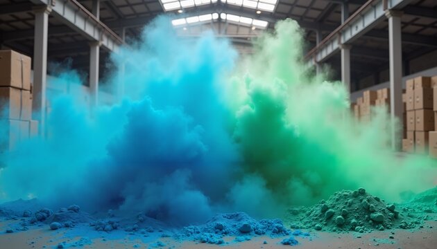 Vibrant blue and green powder explosion in warehouse, conceptual art, festival theme