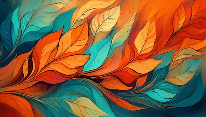 Naklejka premium vibrant abstract background featuring warm orange and cool teal colors with artistic leaf patterns and dynamic brush strokes perfect for november themes