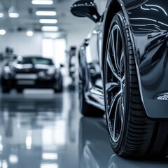 Luxury black car in modern showroom with polished reflective floor, elegant automotive detail, premium vehicle style, contemporary design and dealership atmosphere