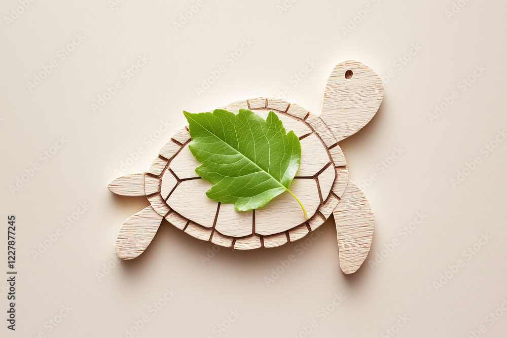 Poster a minimalist depiction of a turtle outline featuring a vibrant green leaf resting on its shell. the 