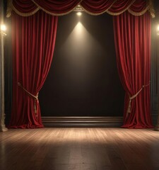 Fototapeta premium Red velvet curtains with golden spotlight on empty stage, stage, elegant, spotlight
