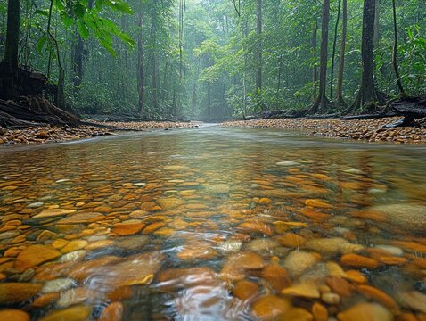 Tranquil river flows through a dense rainforest with rocky bed and lush greenery