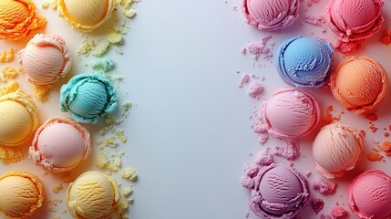 olored ice cream in waffle cups on a white background, fruit and sweet ice cream