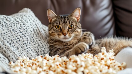 Happy Cat Lounging on Sofa with Scattered Popcorn Around It