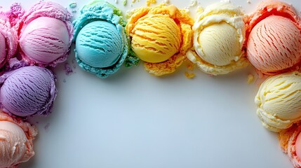 olored ice cream in waffle cups on a white background, fruit and sweet ice cream
