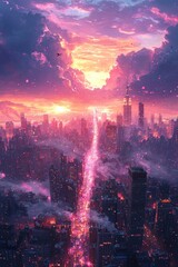 Fototapeta premium Pink Sunset Over City Skyline Majestic View