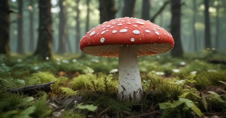 Red mushroom with white spots in woodland environment, botanical image, high contrast lighting , woodland