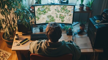 Young Gamer Playing Strategy Game On Computer