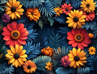 Obraz premium Vibrant Orange and Yellow Flowers with Lush Green Foliage on a Dark Background