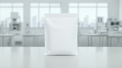 close-up of clean biohazard sample bag placed on smooth lab table with bright lighting in sterile room