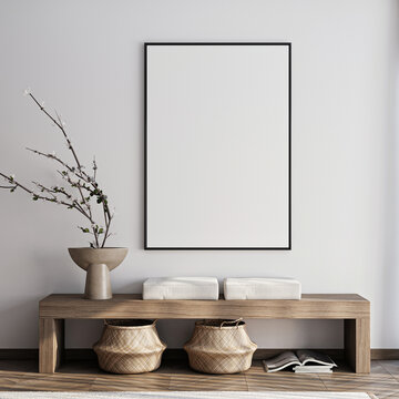 Frame mockup, ISO A paper size. Living room wall poster mockup. Interior mockup with house background. Modern interior design. 3D render
