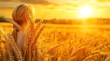 Wheat fields. Ears of golden wheat closing. Beautiful Nature Sunset Landscape. Rural scenery under the shining sunlight. Prerequisites of ripening ears of meadow wheat field. Rich harvest concept