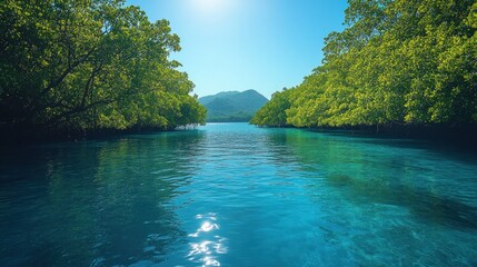 Tranquil Waterway with Lush Green Trees and distant Mountain under a Sunny Blue Sky