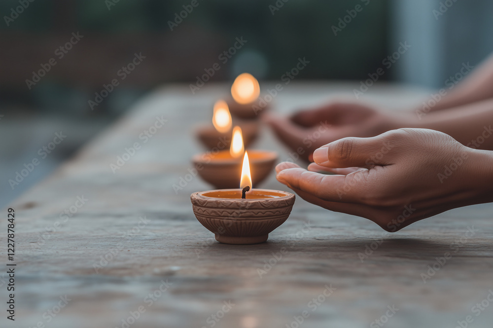 Poster peaceful reflection: hands gently cradling a small, flickering candle flame, creating a serene and c