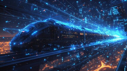 Fototapeta premium 3d moving high-speed train in dark blue. Railway logistics, transport, tourism and technology concept. Abstract vector mesh looks like starry sky. Digital low poly wireframe with connected dots 