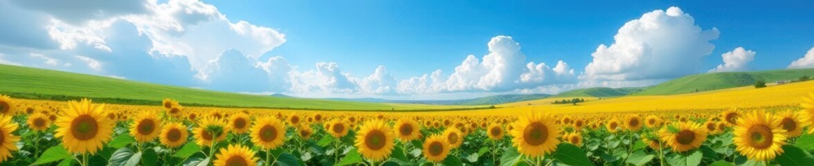 Obraz premium Rolling hills of sunflowers stretching to a clear blue sky with dramatic cumulus clouds , cumulus, sky view, blue