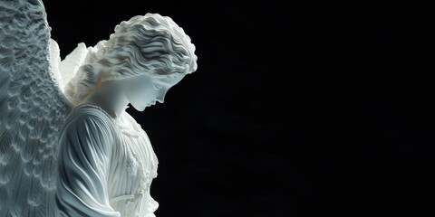 A sculpted white angel statue on black background with copy space for spirituality, religion and Easter themes.