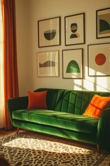 bold and eclectic living area with statement velvet sofa in vibrant green dramatic curtains and gallery wall featuring