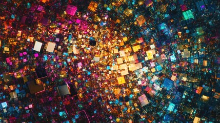 Obraz premium Colorful cubes swirl, abstract digital art, vibrant background, data visualization