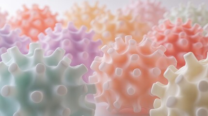 array of colorful virus models on sterile table intricate details in sharp focus soft ambient light creating contrast