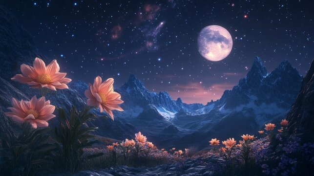 Night landscape with mountains and full moon with stars glowing over rocky peaks and flowers. Mysterious twilight scenery view with rocks. Beautiful nature nighttime scene, Cartoon vector background