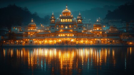 Fototapeta premium Illuminated temple, night, lake, India, reflection, tourism, travel, peaceful, serene, spirituality