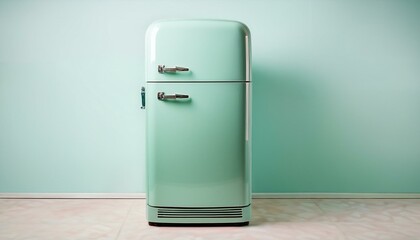 vintage mint green colored refrigerator freezer isolated on a white background retro pastel colored refrigerator for kitchen