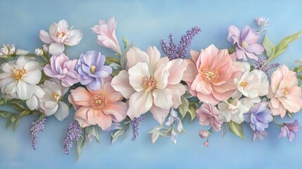 Delicate Pastel Flowers in Soft Pink and Lavender Colors on Blue Background