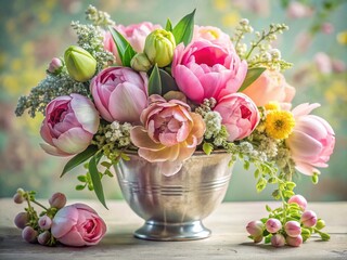 Obraz premium Elegant Spring Floral Arrangement in Silver Vase - Macro Photography