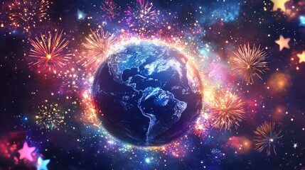 Creative Illustration of Globe Surrounded by Colorful Stars and Fireworks