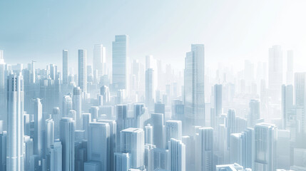 Obraz premium A futuristic cityscape with towering skyscrapers and a hazy atmosphere.