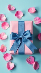 Delicate pink rose petals scattered around a wrapped gift with denim blue bow tie, on a pastel blue background, delicate, gift wrapping, pink roses