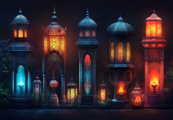 Fototapeta premium Illuminated Ornate Lanterns Glowing at Night with Intricate Designs