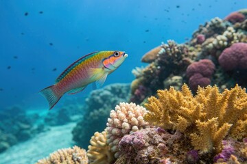 Obraz premium Pictichromis paccagnellorum perched on coral, Blue Body, Aquatic Animal, Yellow and Red Stripes