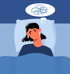 Sad woman lying in bed, thinking with a scribbled thought bubble above her head. Blue tones dominate the background. Concept of insomnia and stress. Vector illustration