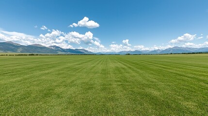 Fototapeta premium Vast green field, mountains, sunny day, landscape. Ideal for travel, nature, serenity