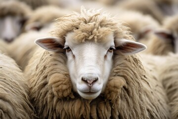 Obraz premium Close-Up of Merino Sheep's Face on Farm. Soft Fur of Farm Animal in Flock with Closeup View