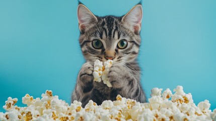 Adorable Cat Playing with Popcorn on Clean Isolated Background