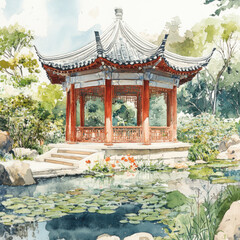 serene garden scene featuring traditional pavilion surrounded by lush greenery and tranquil pond filled with lily pads. vibrant colors evoke sense of peace and harmony