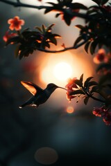 Hummingbird in Motion: A tiny hummingbird sipping nectar from a bright red flower.
