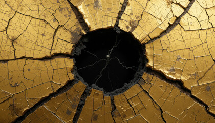 A cracked surface with a central black hole surrounded by gold.