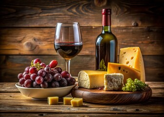 Elegant Wine and Cheese Pairing: Rustic Table Setting Stock Photo